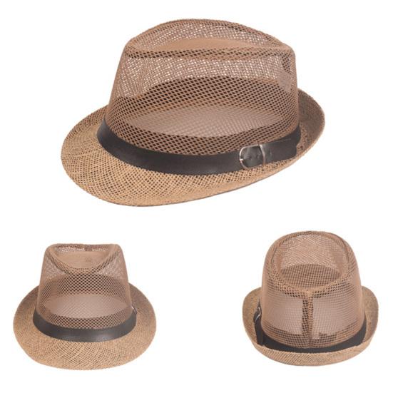 Herren Fedora Breiter Rand Netz Frühling Sommer Einfarbige Flache Krempe Sonnenschutzhut für Draußen