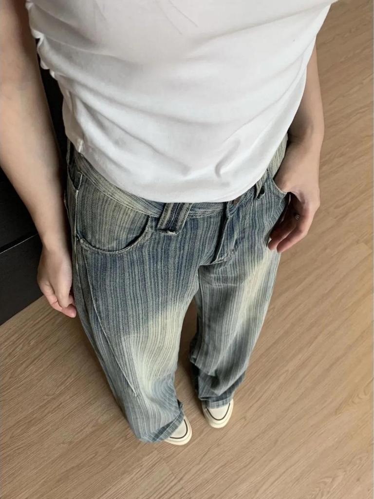 Women's Striped Low-Waist Slimming Retro Jeans - Autumn 2024 Collection, Straight & Wide-Leg Design.