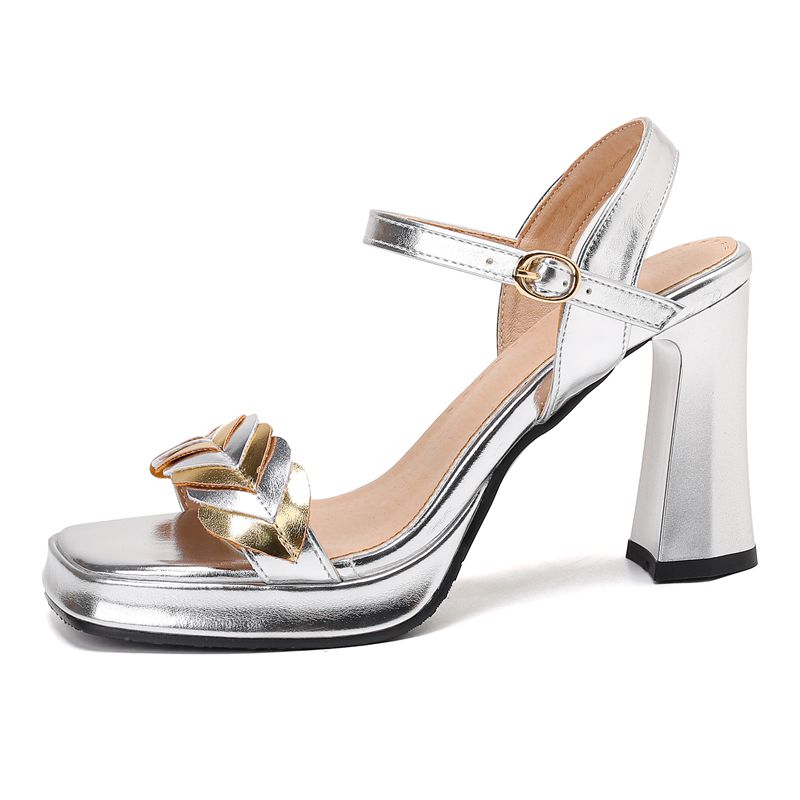 

Design Women Sandals Square Toe Block Heels 9cm Platform 2cm Buckle Strap Mixed Color Big Size 44 45 46 Dating Shoes 39 серебряный