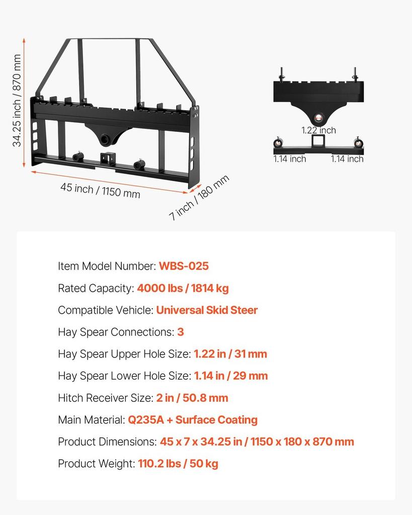Skid Steer Pallet Fork Frame, 1814 Kg Rated Capacity, 115 Cm Pallet Fork Frame Attachments with 50.8 Mm Hitch Receiver & Spear Sleeves, Fit for Quick