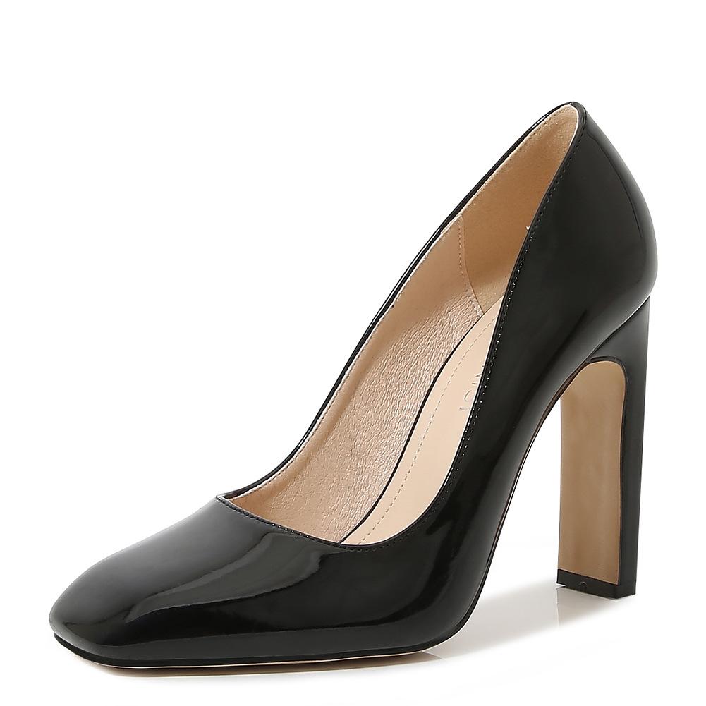 Square head fashion light mouth high heel single shoes women's thick heel patent leather red dress bridal wedding shoes work shoes women