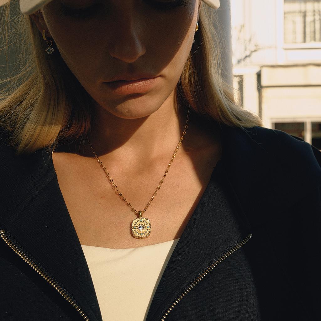 Youthway Lucky Zircon Blue Turquoise Evil Eye Pendant Necklace For Women Gold Plated Stainless Steel Necklace Christmas Gift