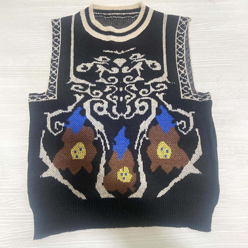 Retro Embroidered Style Knitted Vest Women's Round Neck Knitted Pullover Sleeveless Top Thin Sweater Commuting Casual Autumn