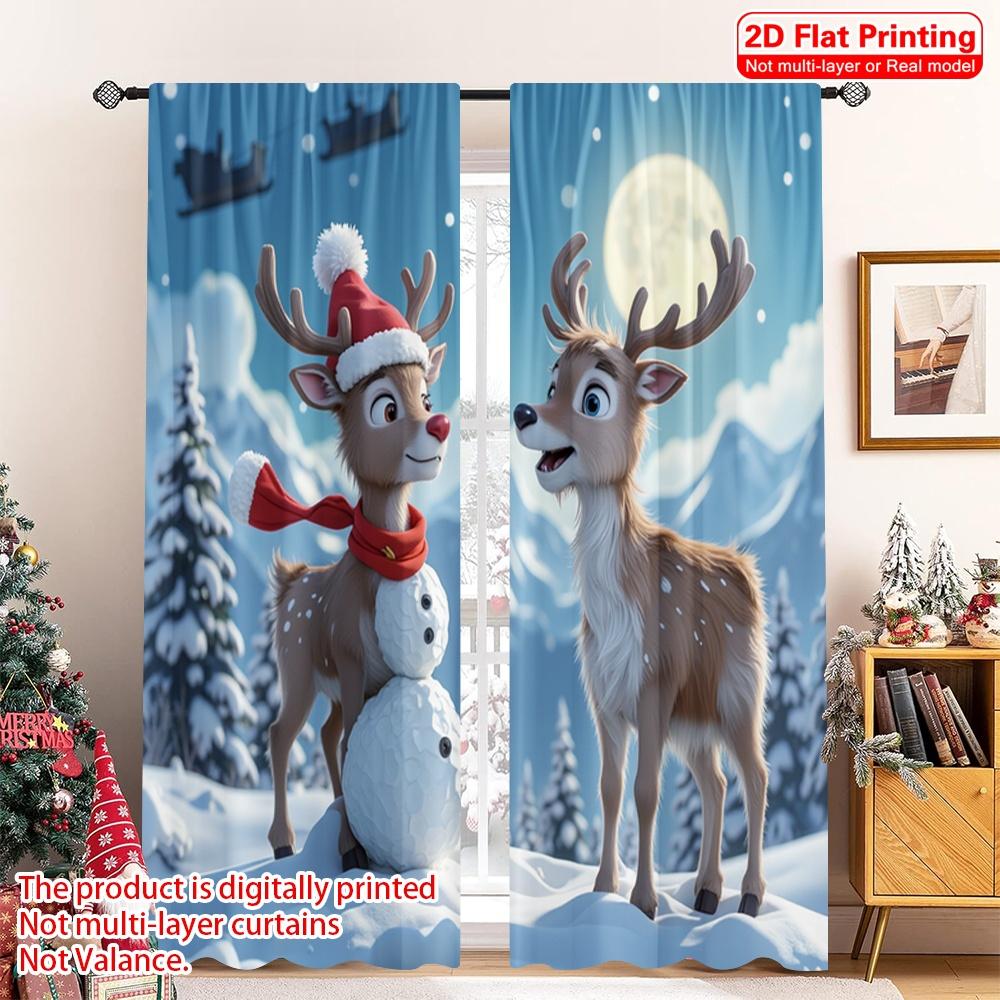 2pcs 2D flat printing Christmas Curtain Christmas Snowman Reindeer Sleigh Fabric Without Electricity 0 for New Year Celebrations