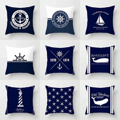 Home Decor Compass Anchor Pillow Cover Blue Mediterranean Cushion  Gift Sofa Office  Accessory Ornament 45x45cm