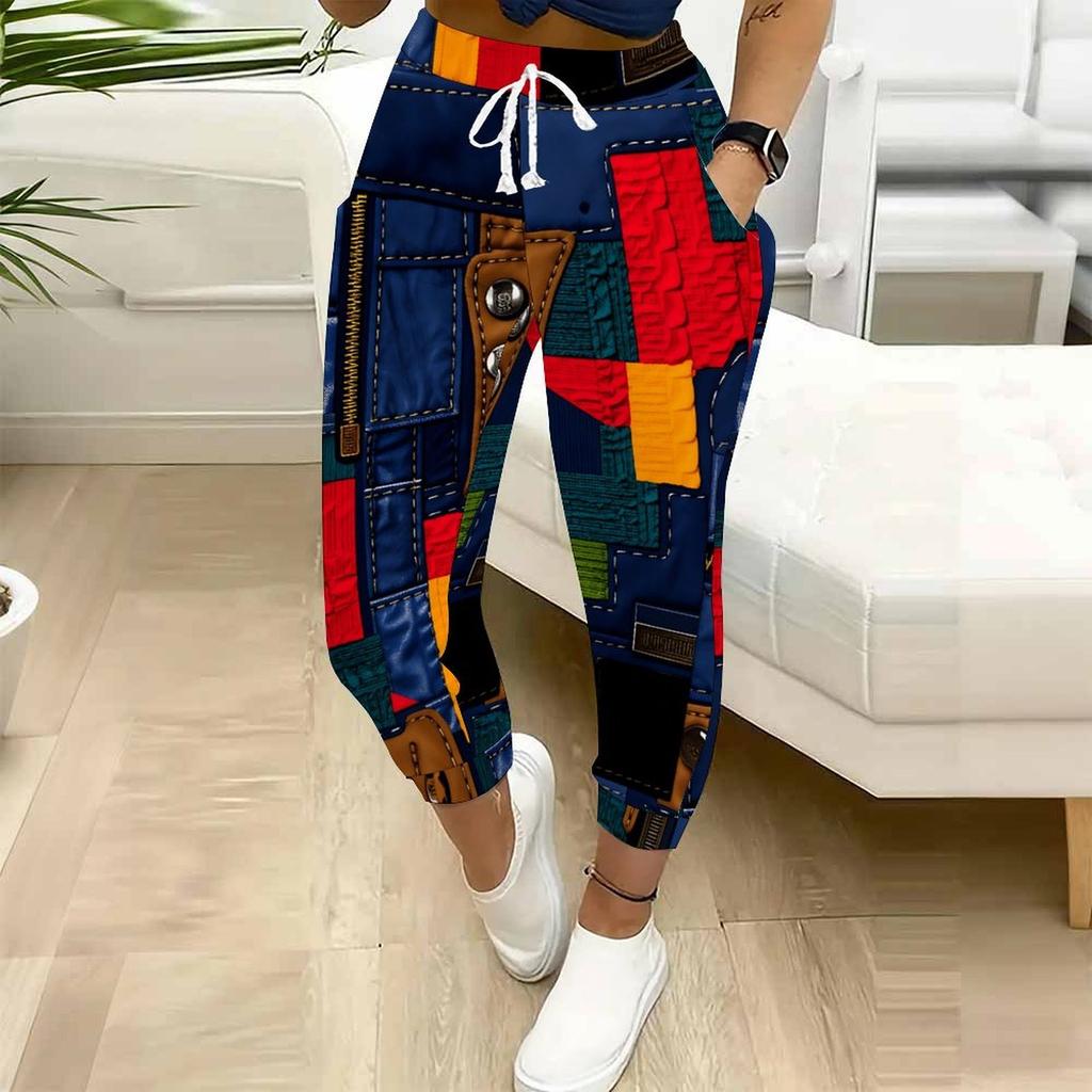 Summer Ladies Organized Pattern Printed Sweatpants Loose Fit Drawstring Joggers Elastic Cuff Daily Casual Pants