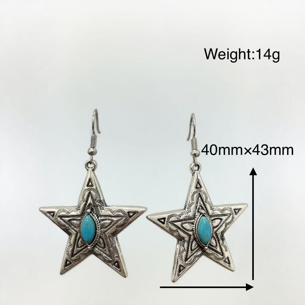 Turquoise Tribal Carved Starfish Earrings, Antique Silver-Plated Zinc Alloy, Retro Style Jewelry.