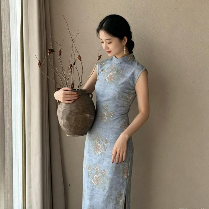 2026 New Summer National Style Qipao | New Chinese Daily Improvement, Vintage Blue Slim-Fit Dress, New Chinese Style S