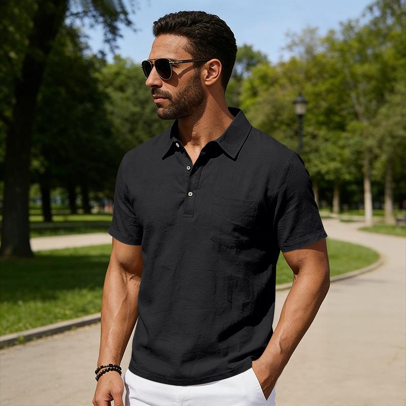 

Men s Lapel Linen Casual Polo Shirt, New Pocket T-Shirt Short Sleeve, Top XXXL чорний
