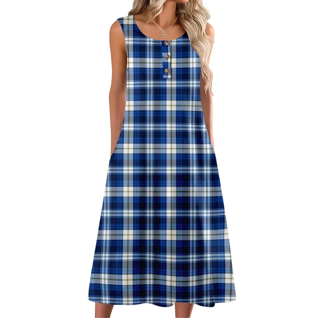 Women's Fashion Casual Sleeveless Button Plaid Print Dress with Pocket