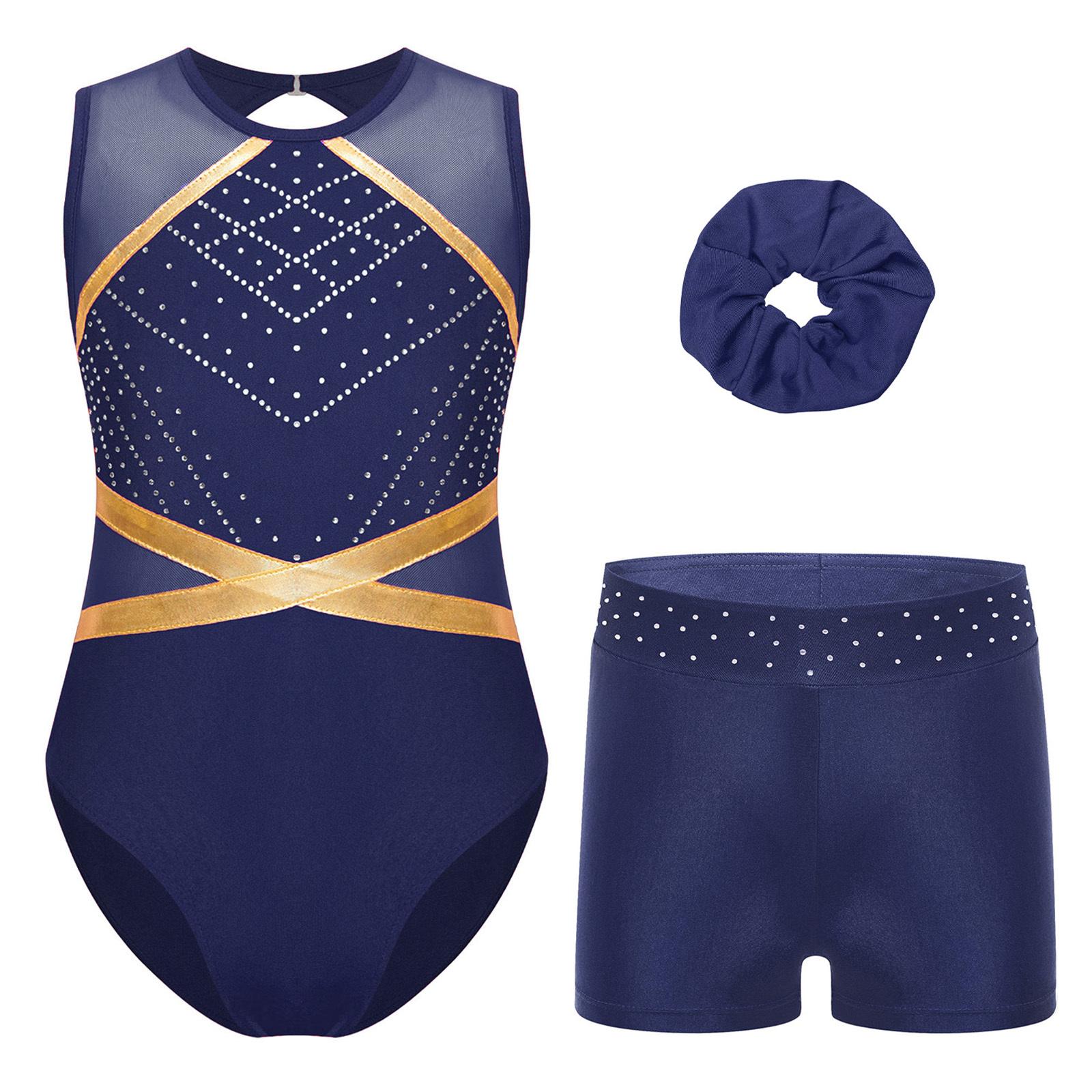 

Girls Gymnastics Outfit Keyhole Back Patchwork Sleeveless Leotard Rhinestones Waistband Shorts Hair Tie Headwear Set 13-14 Years темно-синього кольору