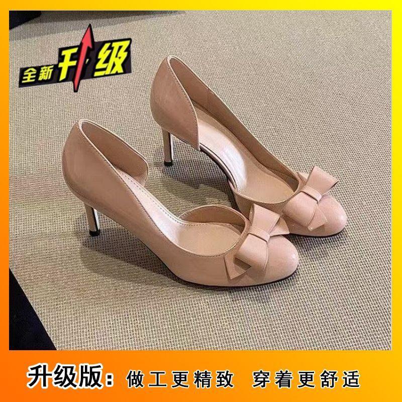 

Sweet bow nude high heels popular beautiful not tired feet temperament single shoes autumn fashion round head 40