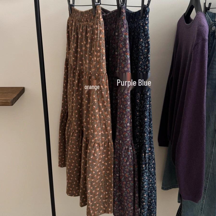 Women's Autumn 2025 Elastic Waist Floral Print Midi Skirt - Soft, Loose, Versatile Over-the-Knee Skirt