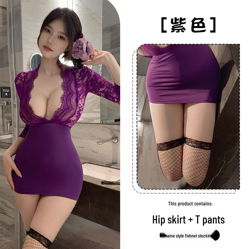 Fan Lei Sexy Europäisches Tiefes V Spitze Durchsichtiges Sekretärin Bodycon Kleid 485-1