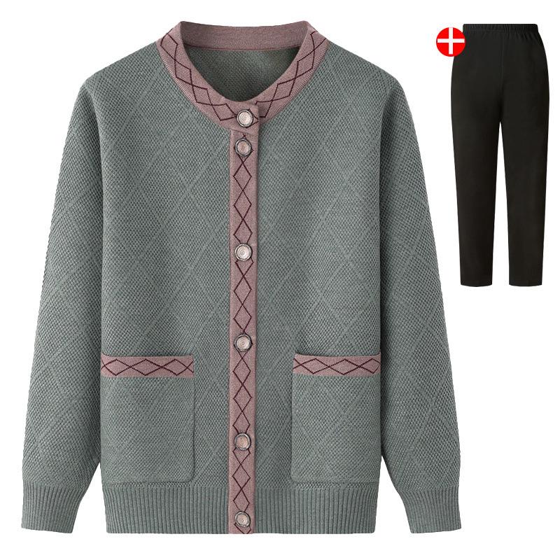 Women's Fleece-Lined Knitted Cardigan for Autumn/Winter - Ideal for Middle-Aged and Elderly.
