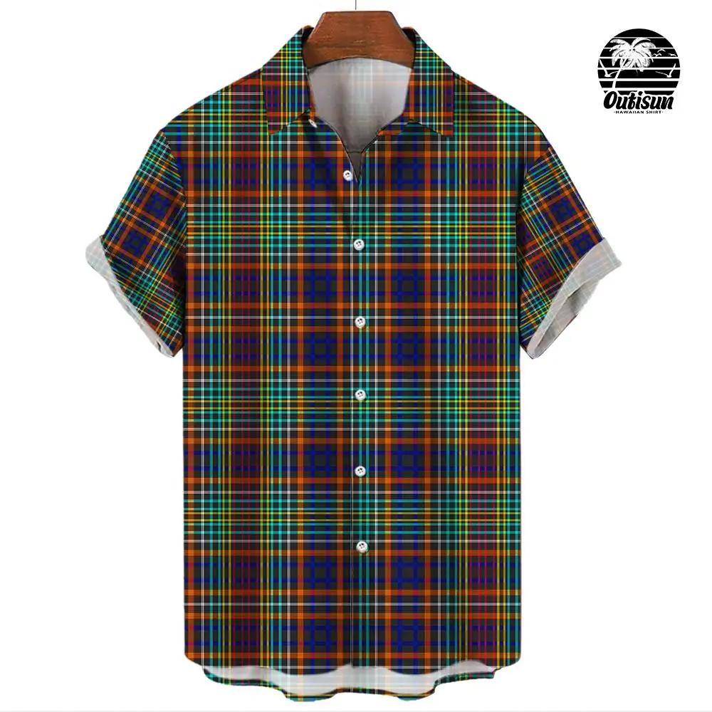 Summer Fashion Plaid Rainbow Print Men's Short Sleeve Casual Shirt Pride Month Party Outfit Tops Street Trend Party Oversized