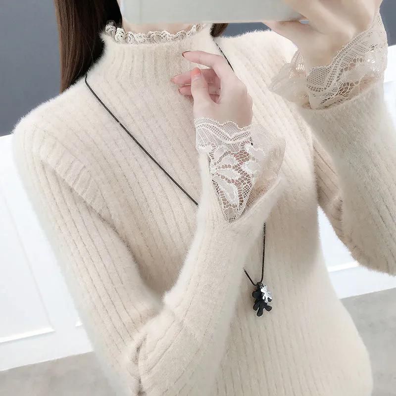 Fleece-Pullover für Damen, Herbst und Winter, halber Rollkragen, Spitzeneinsätze, großzügiger Schnitt, eng anliegendes Strick-Unterhemd