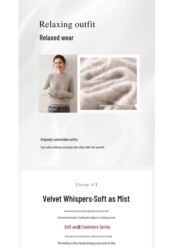 Women's Seven-Stitch Round Neck Cashmere Sweater - Solid Color Pullover, Elegant & Casual Long Sleeve Warm Base Layer