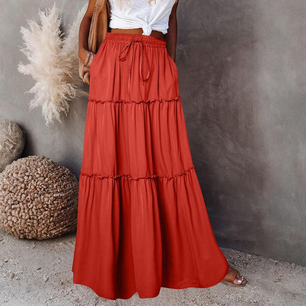 Women's Fashion Color Elastic Waist Skirt Loose Casual High Waist Tie Long Skirt