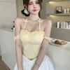Women's Sweet Lace Off-Shoulder Halter Cami, Bow Detail Slim-Fit Tank with Built-in Bra