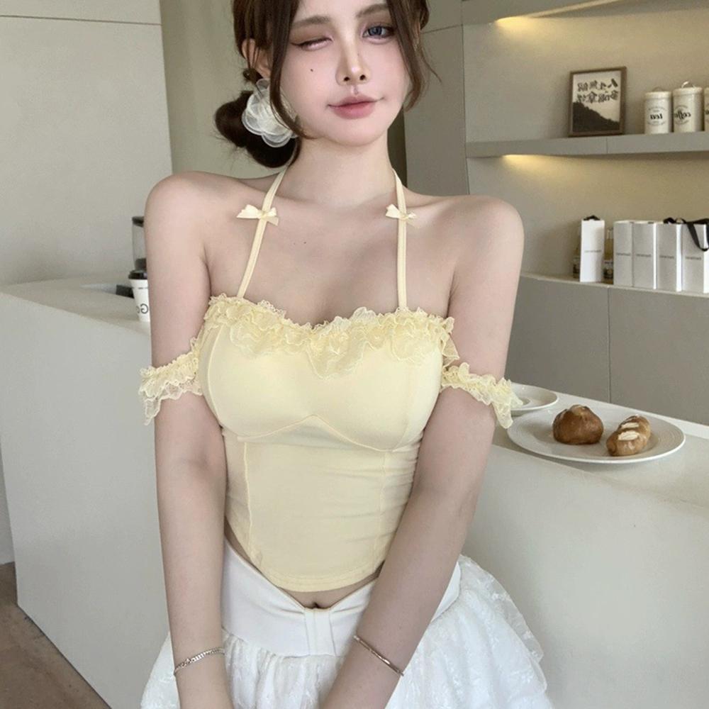 Women's Sweet Lace Off-Shoulder Halter Cami, Bow Detail Slim-Fit Tank with Built-in Bra