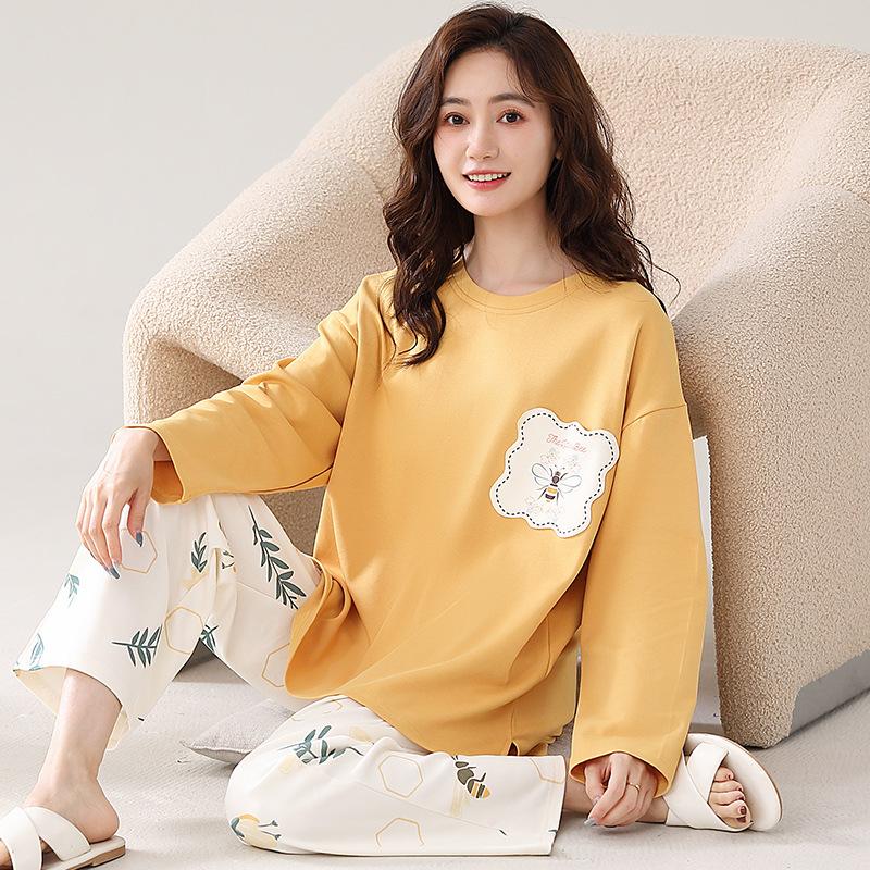 Pajamas Women'S Spring And Autumn Pure Cotton Long-Sleeved Autumn Loose Large-Size Loungewear Cotton Outerwear Set
