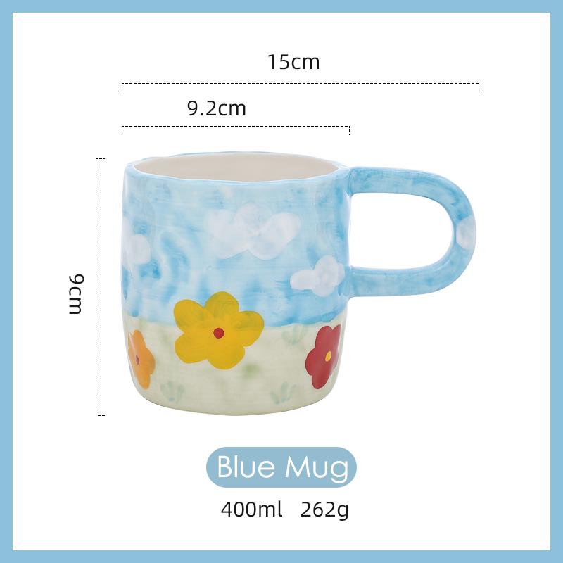 400ml Handbemalte Keramik Große Kaffeetasse mit Henkel Koreanischer Stil Floral Bewölkt Milchteetasse Mikrowellengeeignet