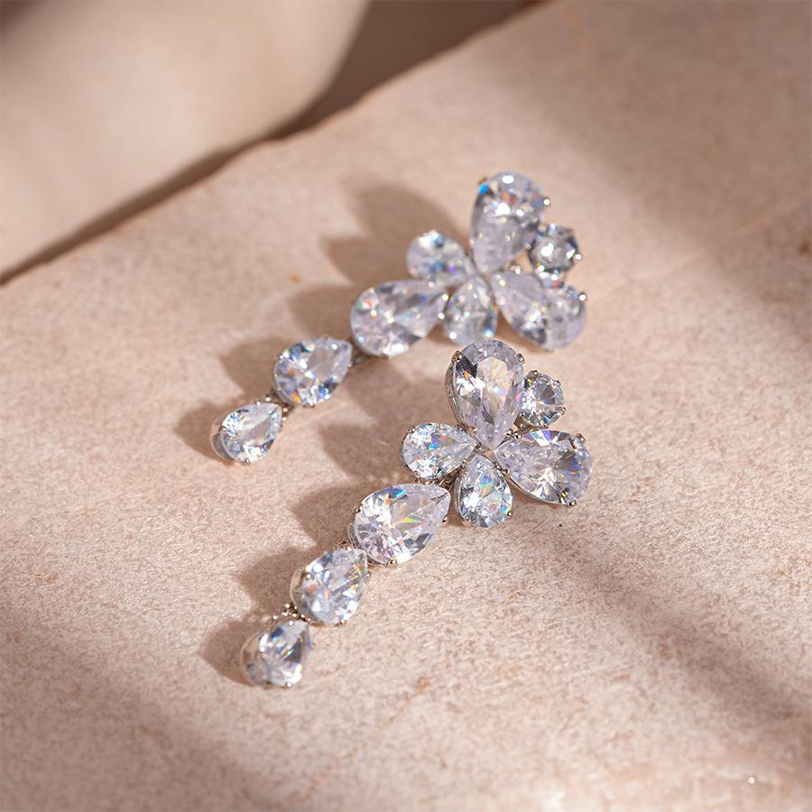 Elegant Zircon Butterfly Flower Silver Drop Earrings - High-End European and American Style for Women