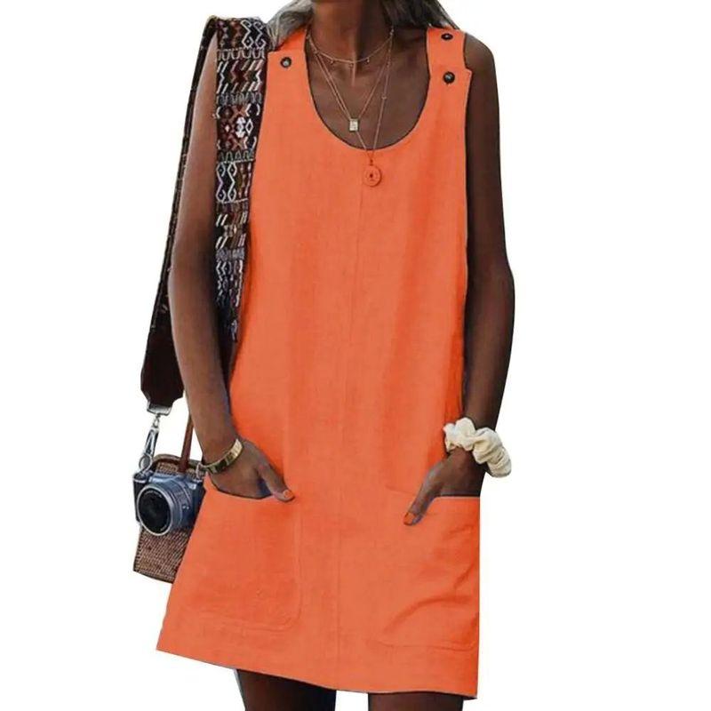

Pocket Button-Back Dress with Crew Neck Button Strap round Neck Dress Women Orange 3XL(3XL)