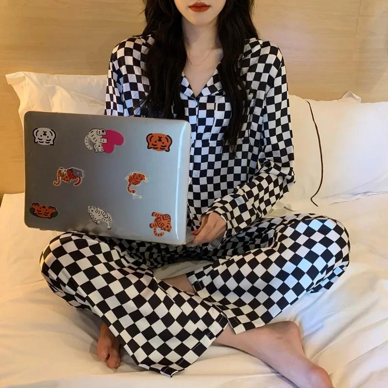 Pajamas Women's Autumn Winter Long Sleeve Long Pants Plaid Cardigan Vintage Red Plaid Wearable Lounge Set Women's University