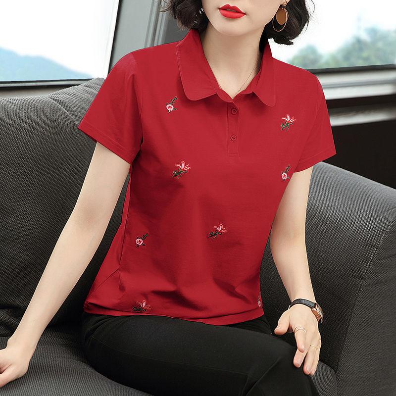 

Новая рубашка в корейском стиле с воротником-стойкой и короткими рукавами, женская рубашка с воротником-поло, летняя рубашка 5XL красный
