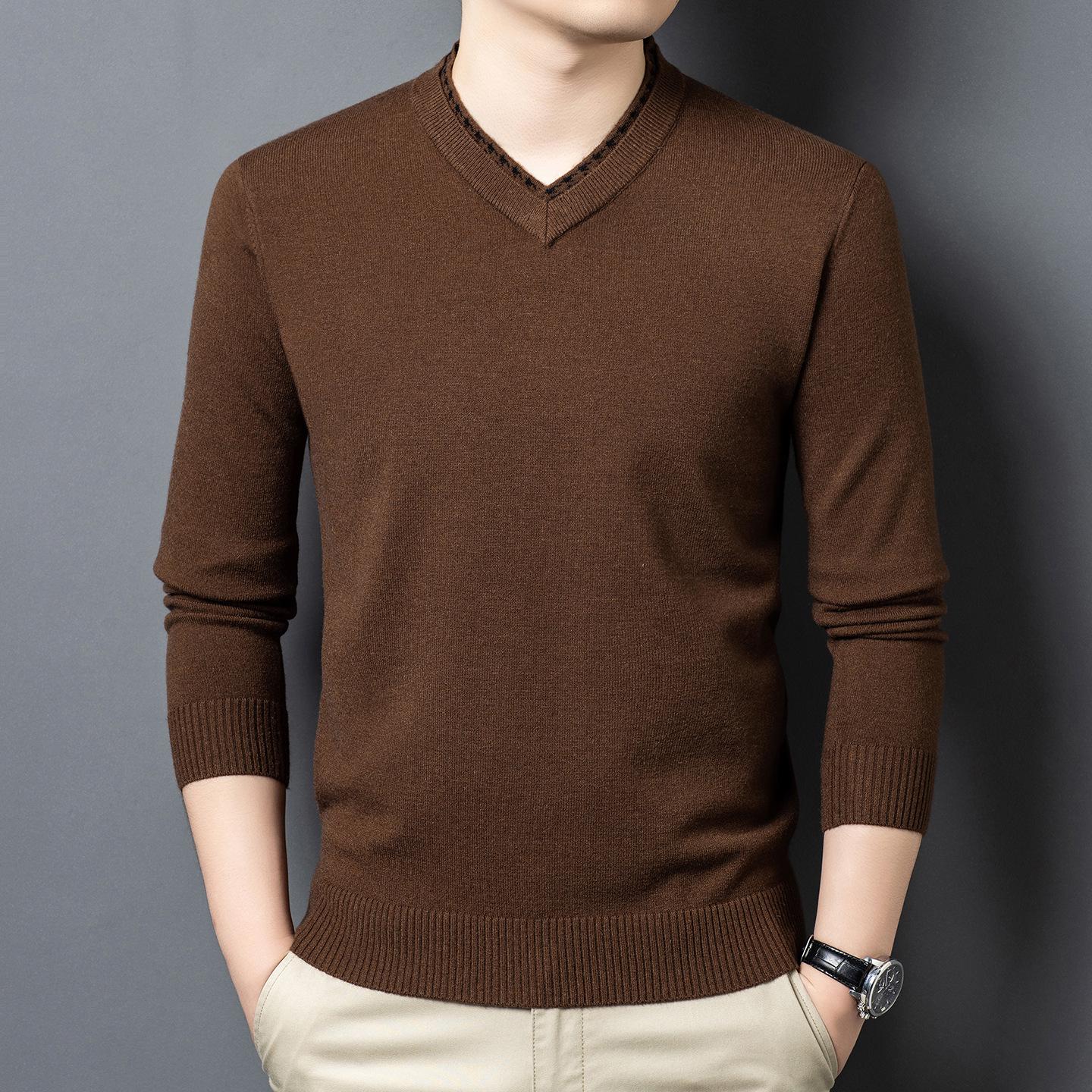 

Men s Winter Wool Crew Neck Sweater, New Style, Pure Color, V-Neck Knit Base Layer for Middle-Aged XL