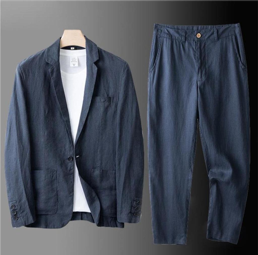 Herren Slim Fit Koreanischer Stil Leinen Sommer Anzug - Lässiges Zweiteiliges Set mit Lockerer Jacke und Sonnenschutz