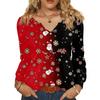 Women's Fashionable Casual V-neck Blouse Button Christmas Printed Long-sleeved Pullover T-shirt Top