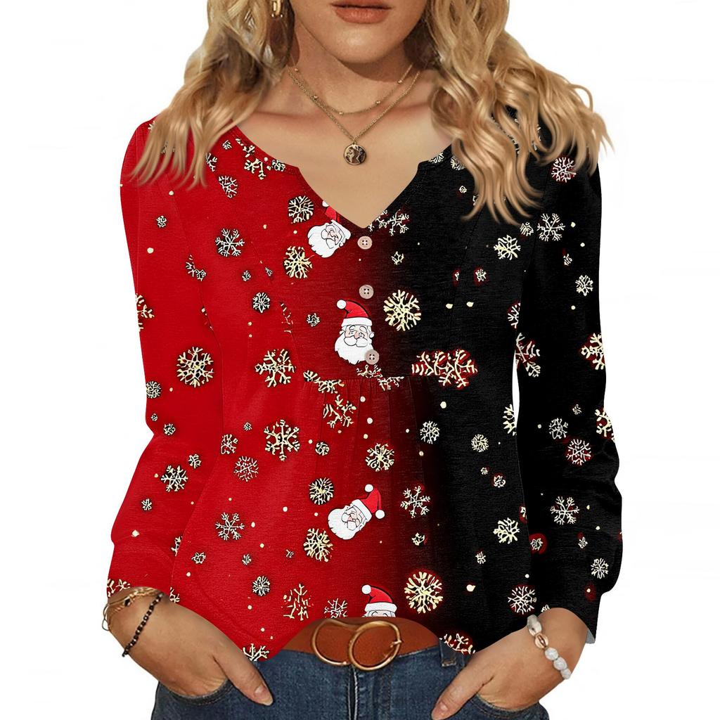 Women's Fashionable Casual V-neck Blouse Button Christmas Printed Long-sleeved Pullover T-shirt Top