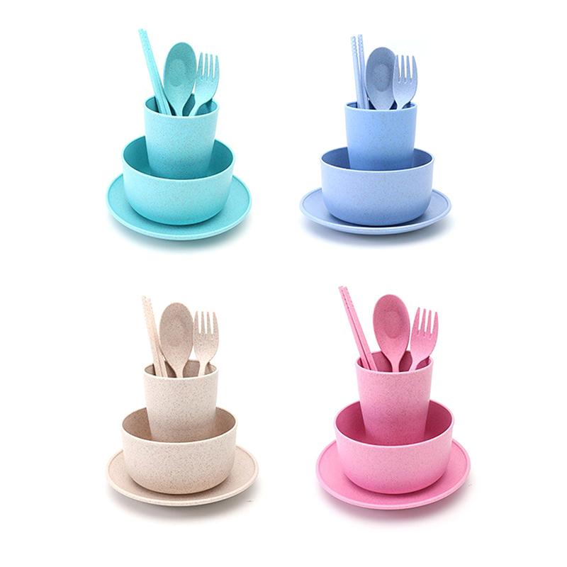 6 Stück/Set Weizenstroh Baby Geschirr Kinder Essgeschirr Schüssel Fütterung Säugling Lernen Abendessen Besteck Löffel Essstäbchen Gabel Tasse Neu