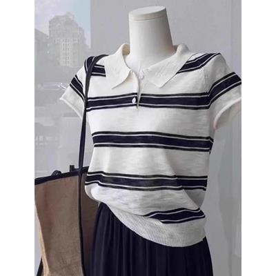Women Summer Striped Polo Collar Knit Short Sleeve Casual Cropped Top