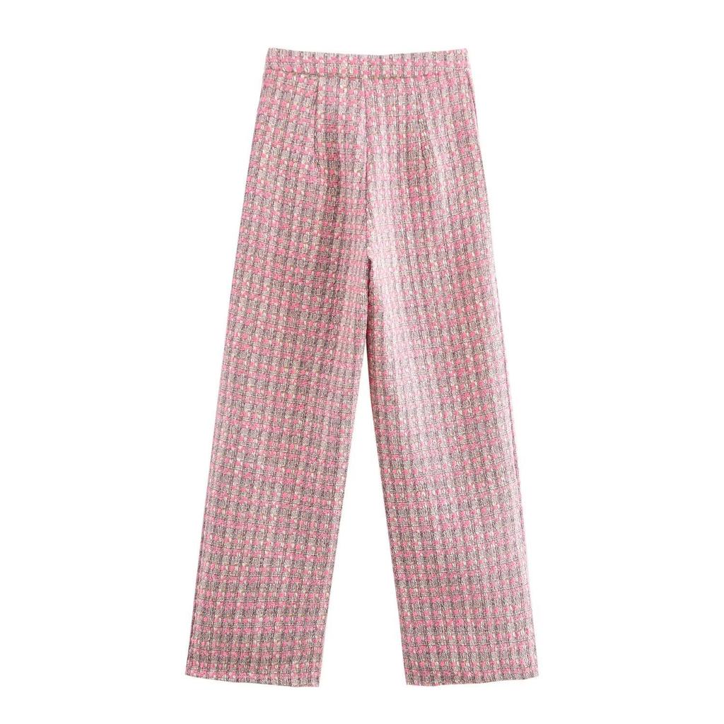 European and American French women's clothing, fashionable and versatile temperament tweed high-waisted loose straight trousers