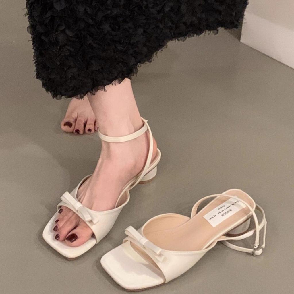 French Thick Heel Thin Strap Sandals Women'S Summer Skirt One Word With Bow Open Toe Silver Cool Slippers