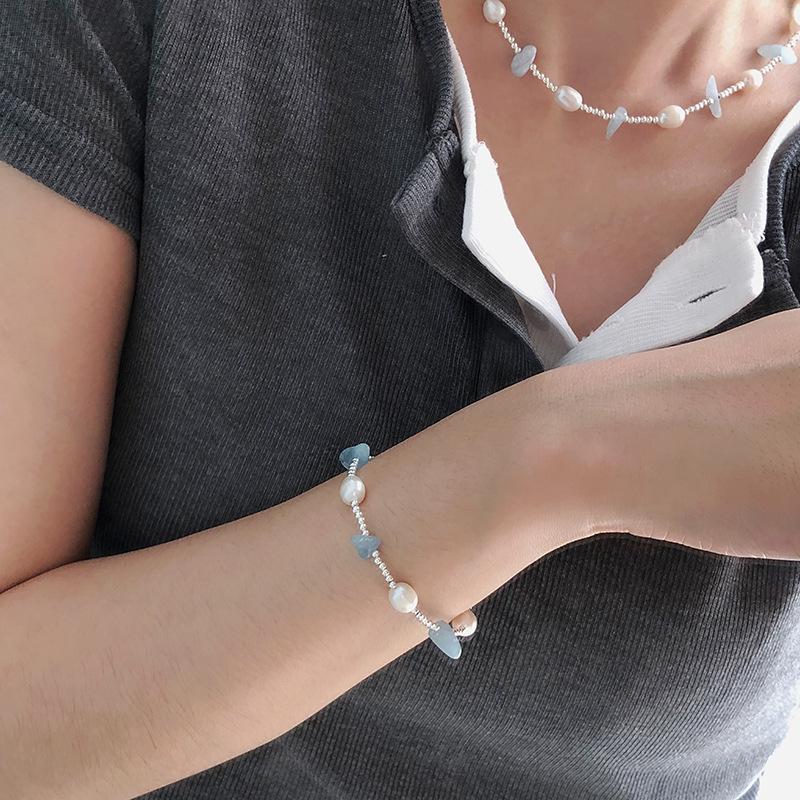 Irregular Aquamarine and Freshwater Pearl S925 Sterling Silver Minimalist Necklace