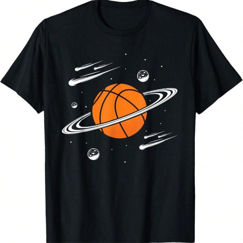 Basketball Planet with Rings and Meteorites Funny Graphic Crew Neck Short Sleeve T Shirt for Women Summer Casual Wear