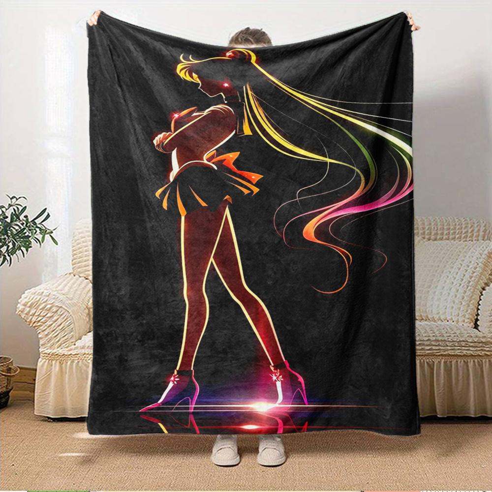

For Sailor Moon,Neon Lights,Silhouette-Themed Flannel Blanket, Glam Style, Digital Print, All-Season Comfort, Tear-Resistant, Knitted Crafts 150x180cm