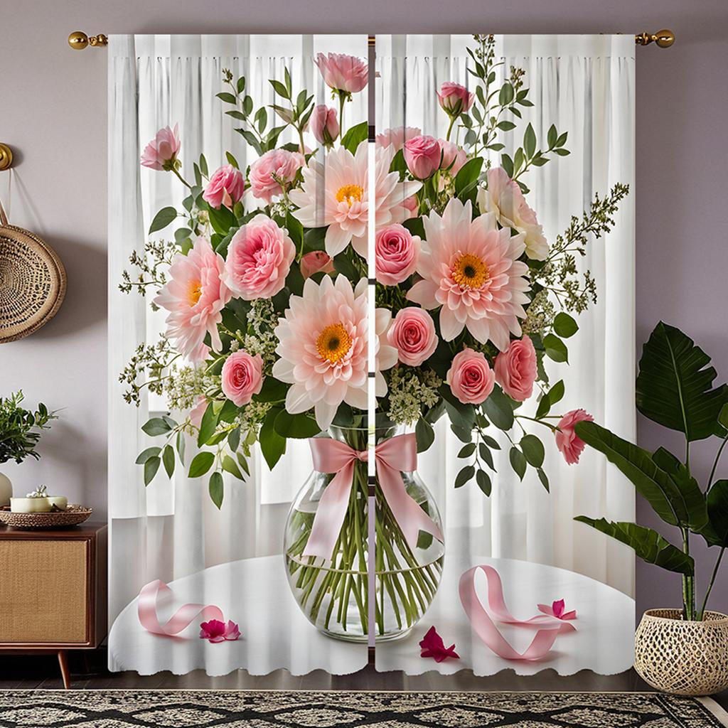 2pcs HD Vase Bouquet of Roses Decorative Curtain Pink Tie Digital Printed Curtain Home Decoration Style Decorative Living Roo
