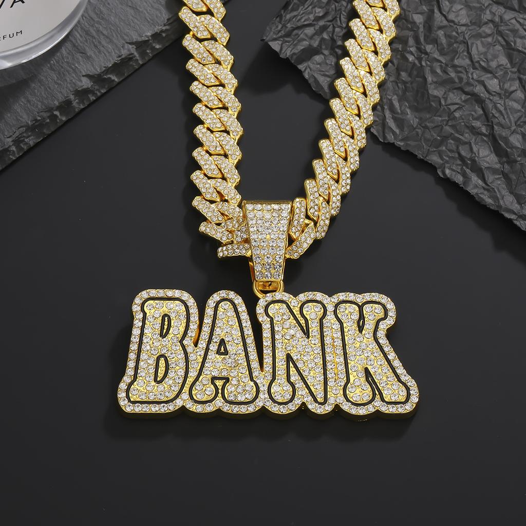 Full Diamond Letter BANK Pendant Cuban Chain, Hip Hop Men's Trend Street Necklace Accessories