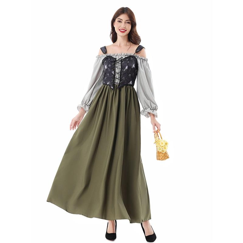 Robe médiévale Renaissance pour femme à manches longues Costume Cosplay Halloween Vintage Gothique Longue Robe Maxi avec Gilet
