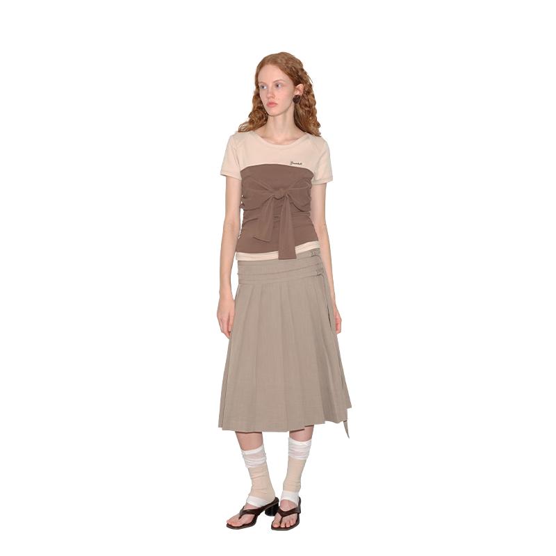 GREEN BELT Faux Two-Piece Bow Design T-shirt L