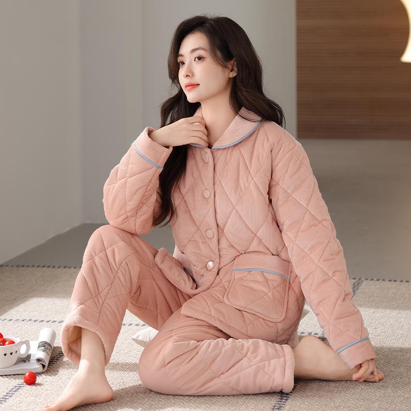 

Трехслойный стеганый пижамный комплект для женщин, трикотажная хлопковая стеганая пижама для женщин, теплая пижама для женщин 2XL