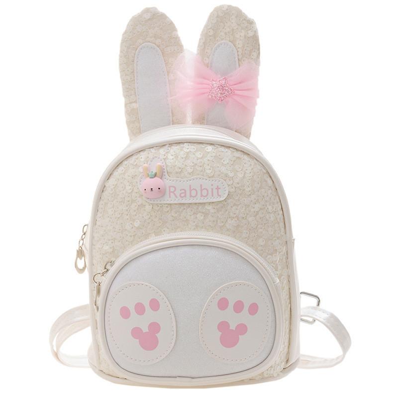 Adorable Bunny Ear Cartoon Kids Backpack Stylish Korean Design Sequin Pu Material