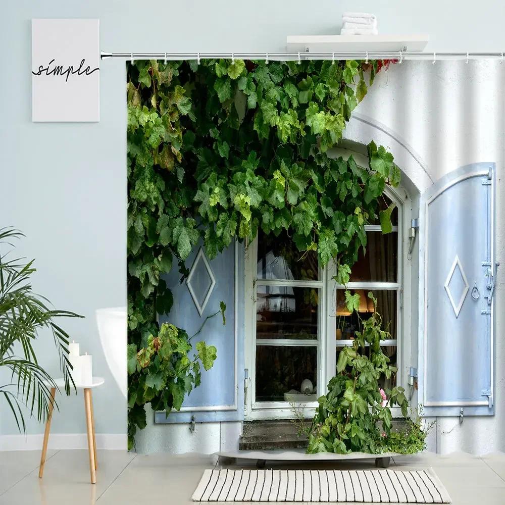 Retro Flowers Window Brick Wall Shower Curtain Natural Scenery Green Plants Country Town Scenery Home Bathroom Screen Home Decor