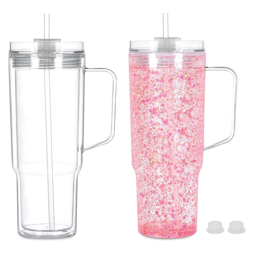 40 Oz Acrylic Snowglobe Tumbler with Handle, 4 Pack Pre-Drilled Double Wall Acrylic Clear Cup Tumbler for Glitter Snow Globe Diy